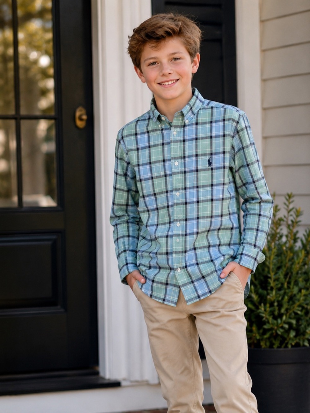 Ralph Lauren Men's Light Green & Light Blue Plaid Button-Down Shirt